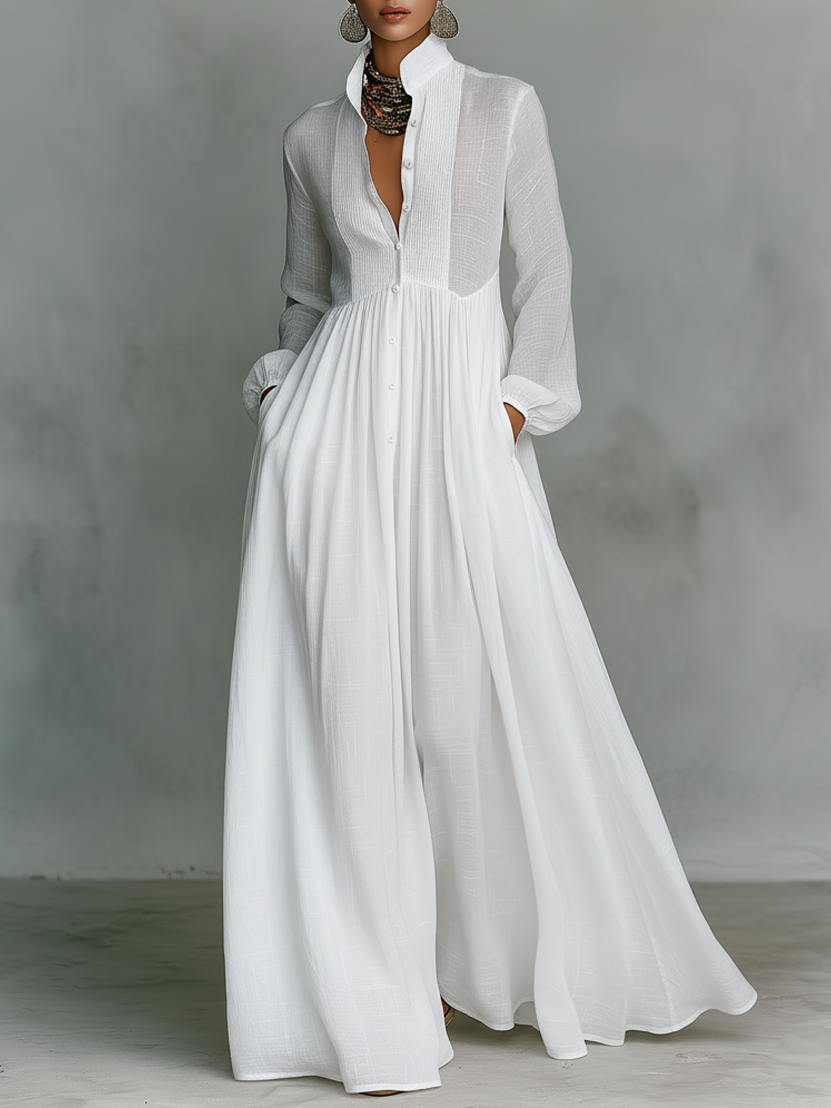 Justine – Robe chemise maxi en lin à col montant et manches longues femme