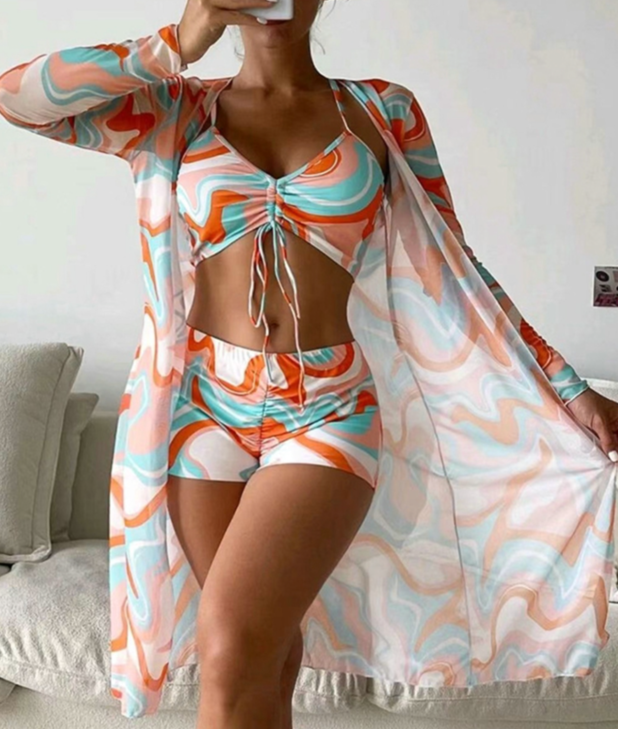 Ensemble de bain 3 pièces pour femme avec haut froncé, shorty imprimé et kimono léger assorti