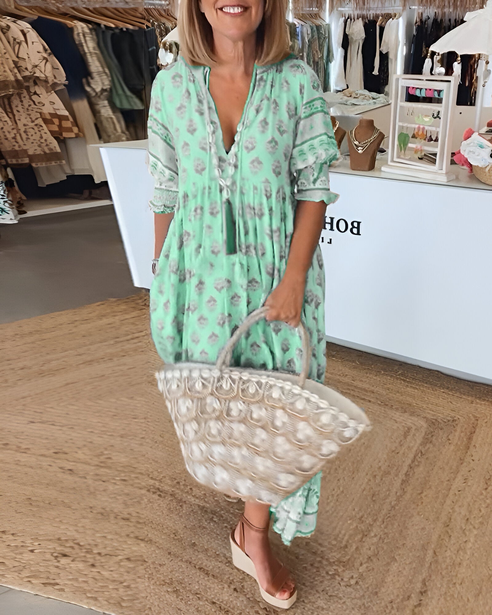 Inès – Robe maxi bohème à col en V motif floral femme
