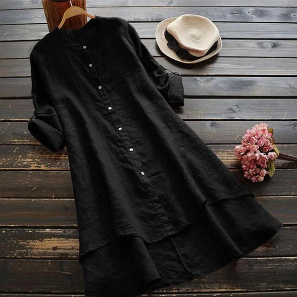 Robe d’Été en Lin et Coton – Manches Retroussables, Boutons et Ourlet Asymétrique Volanté