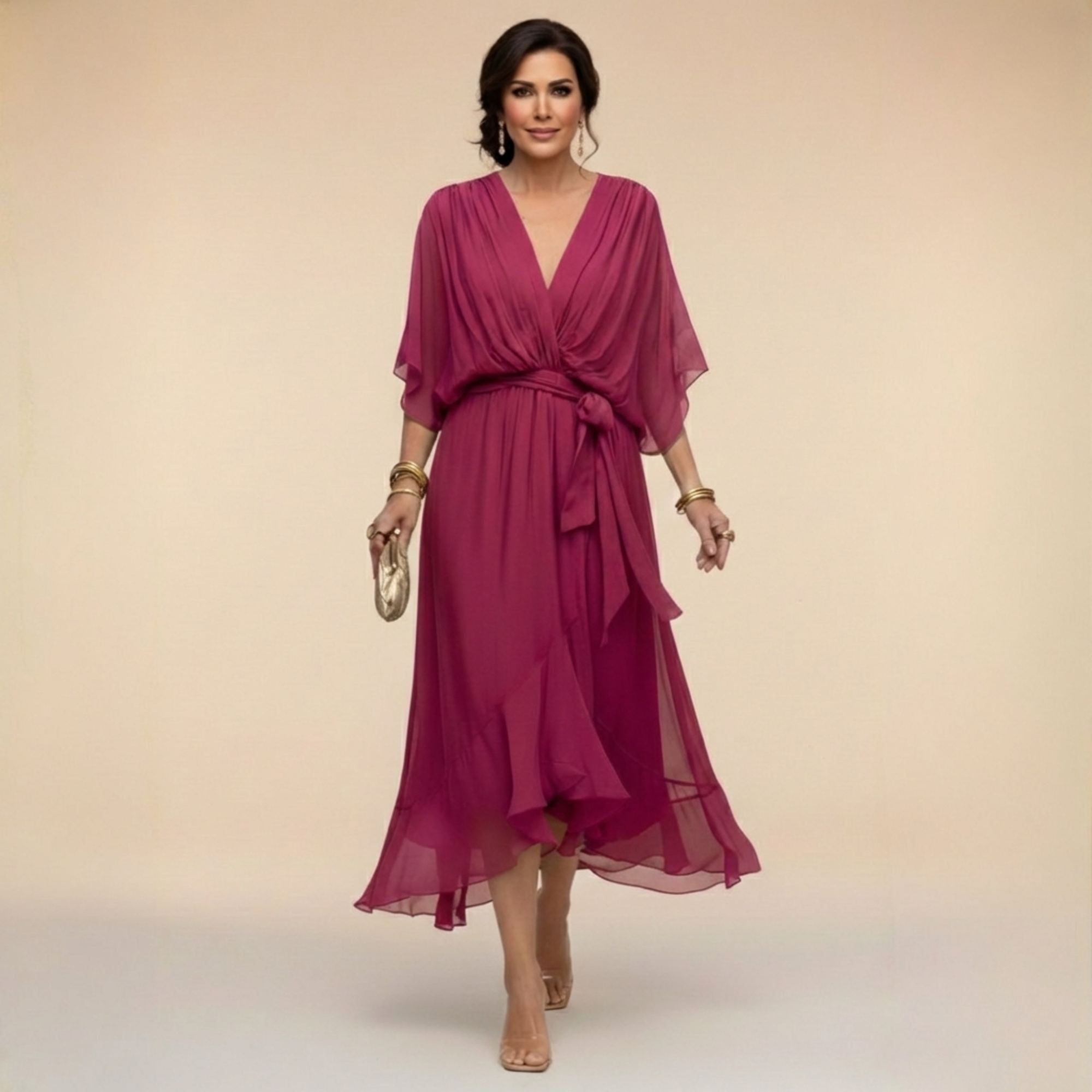 Inès – Robe midi fluide col V à taille ajustable