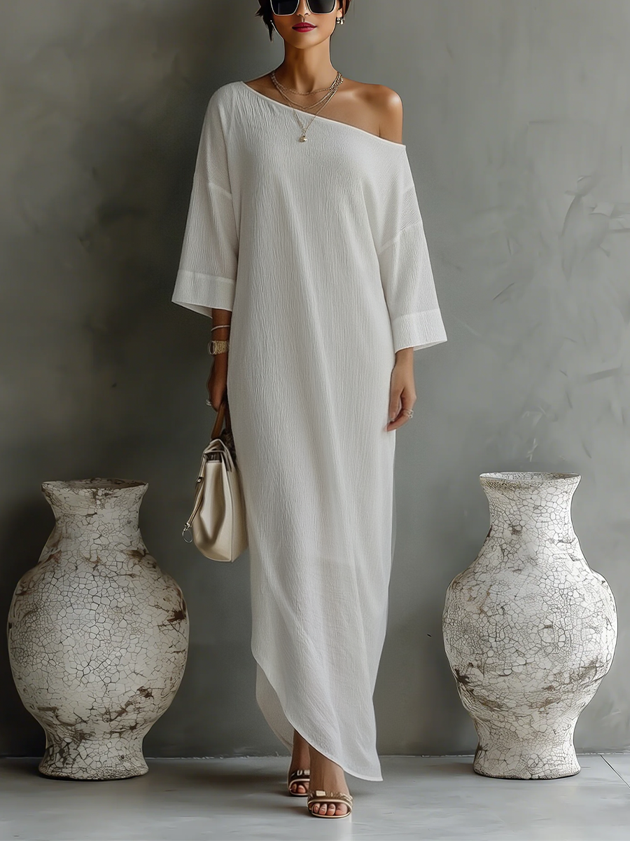 Manon – Robe maxi à une épaule en lin mélangé, élégante femme