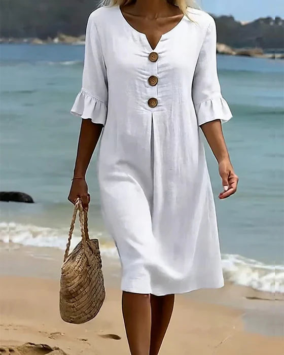 Robe d'été boutonnée en coton et lin à manches volantées