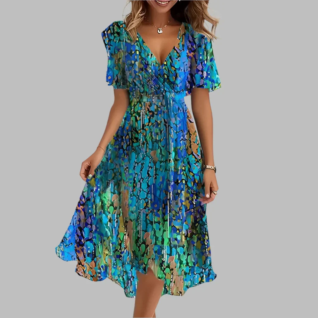 Robe midi fleurie à fronces et manches bouffantes