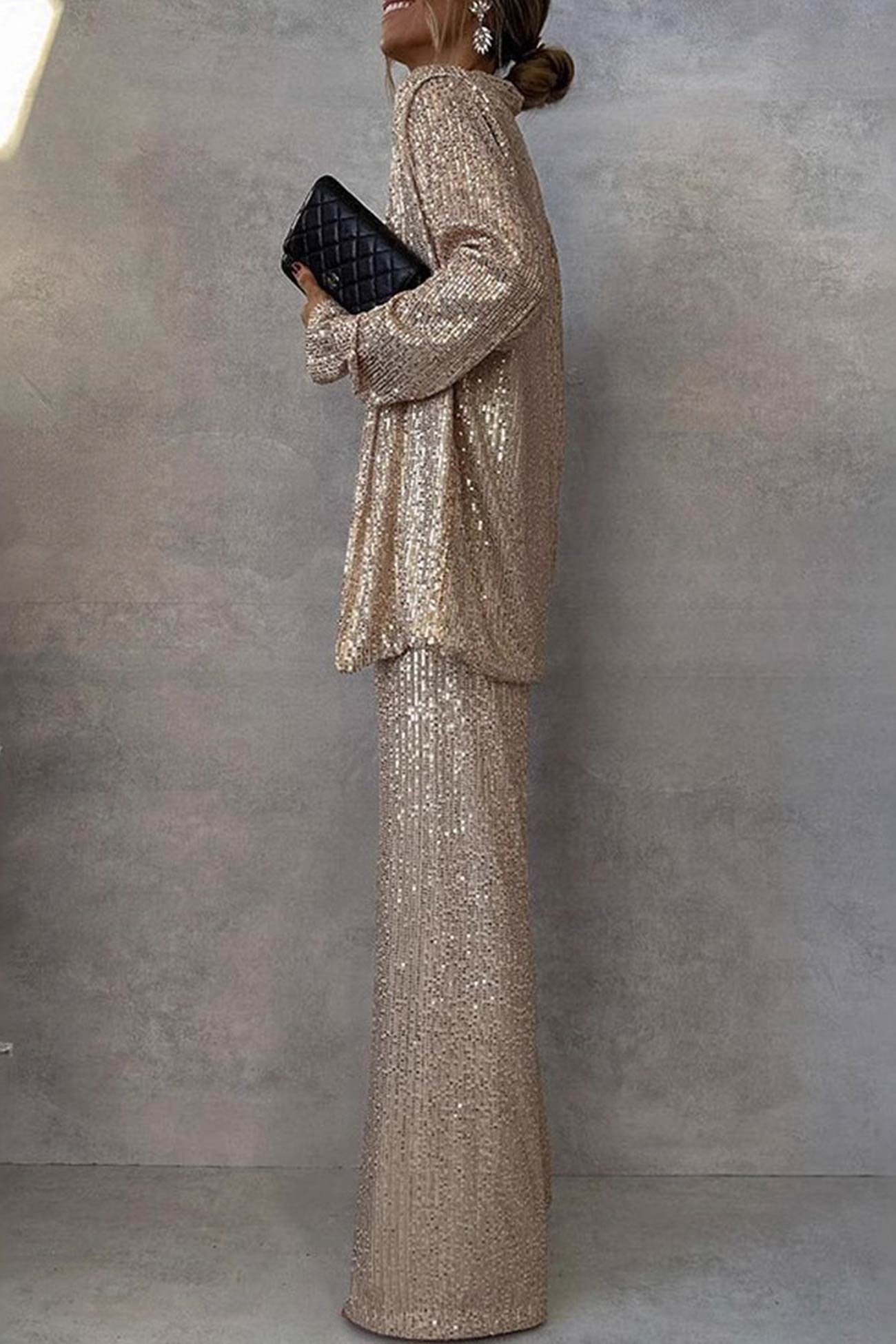 Aurore – Ensemble Blazer Pailleté à Manches Longues et Pantalon Évasé