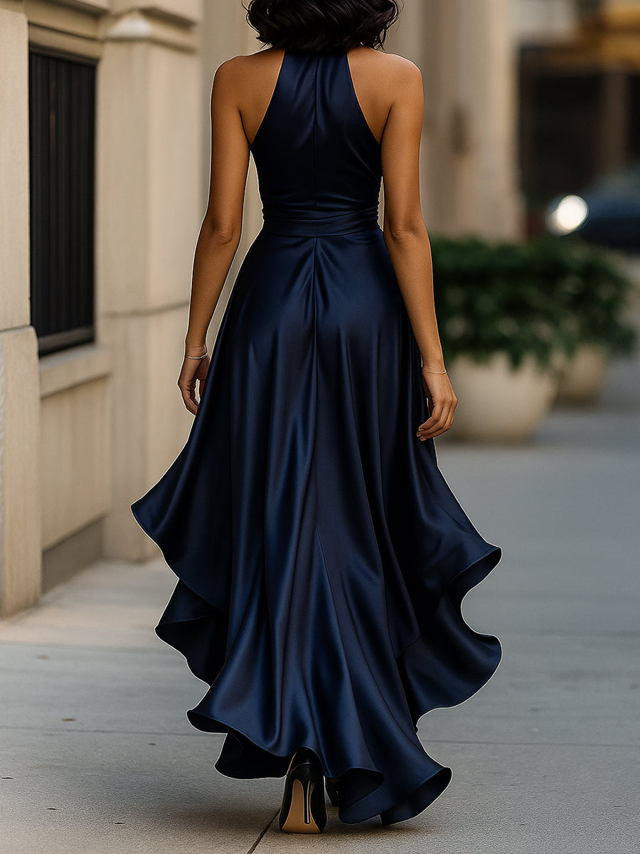 Robe portefeuille longue de soirée à col V plongeant avec taille nouée et ourlet asymétrique pour événements élégants