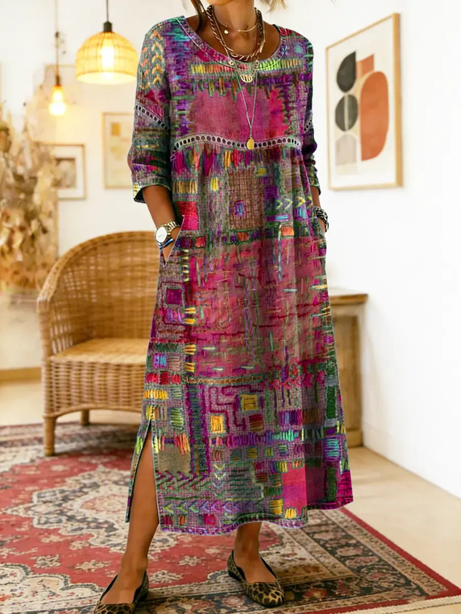 Robe bohème en denim fluide à patchwork ethnique et dentelle