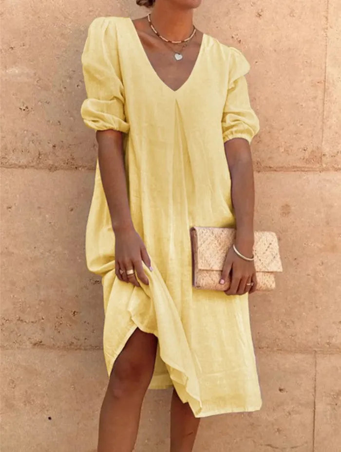 Robe d'été droite pour femme en lin avec col en V et fraîcheur élégante