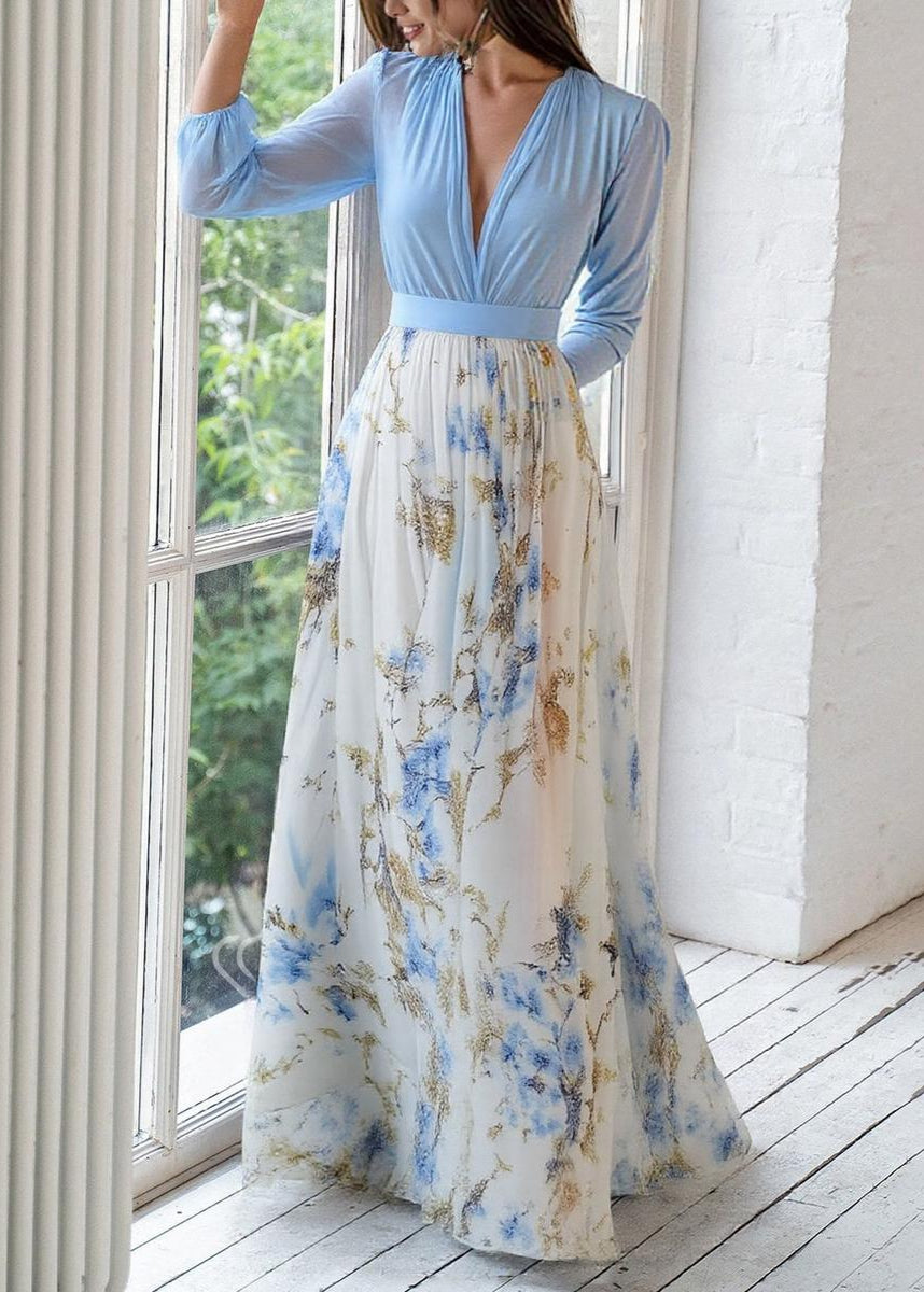 Clara – Robe maxi à manches longues avec col V profond et jupe imprimée femme
