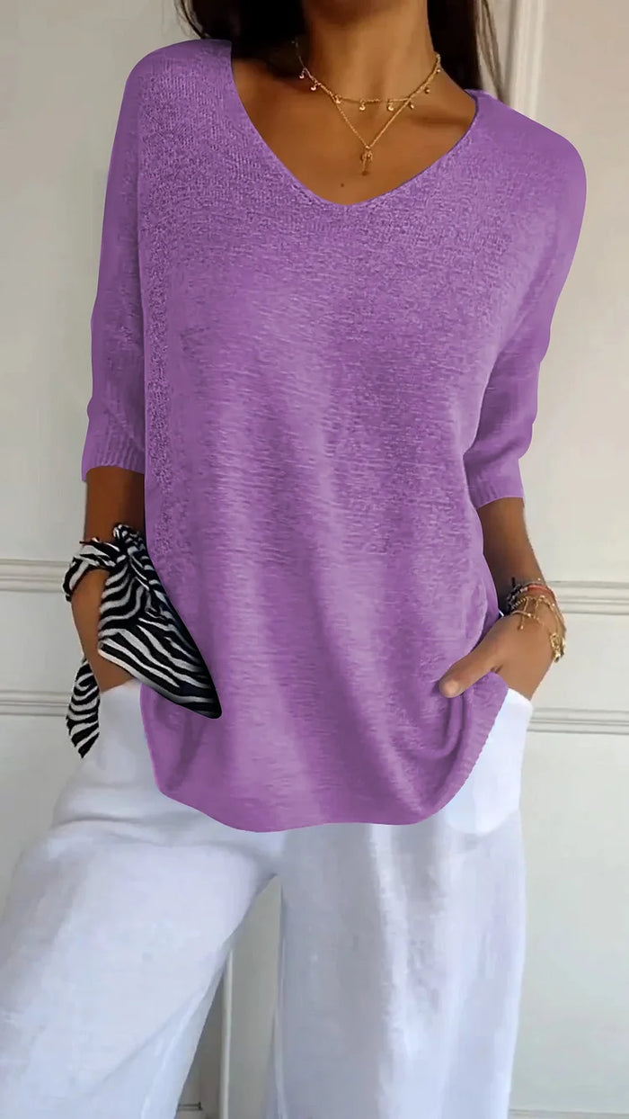 Lison – Top en maille à col en V et manches trois-quarts femme