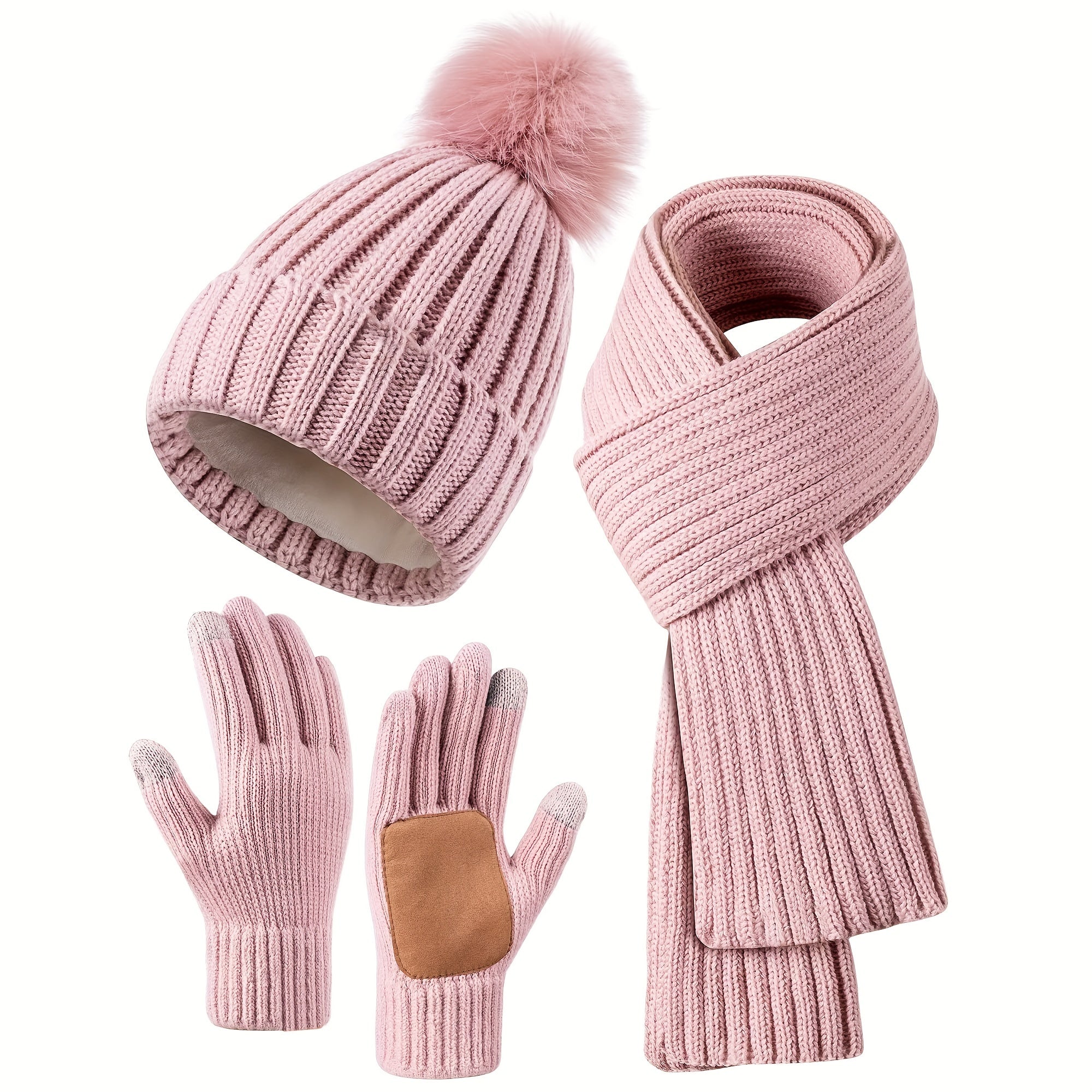 Léa – Ensemble d’hiver en maille 3 en 1 avec bonnet à pompon écharpe et gants tactiles femme