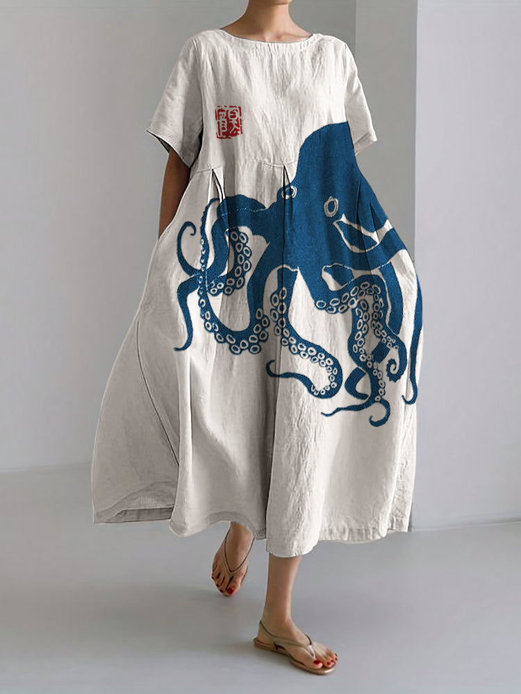 Robe longue pour femme en lin à motif japonais