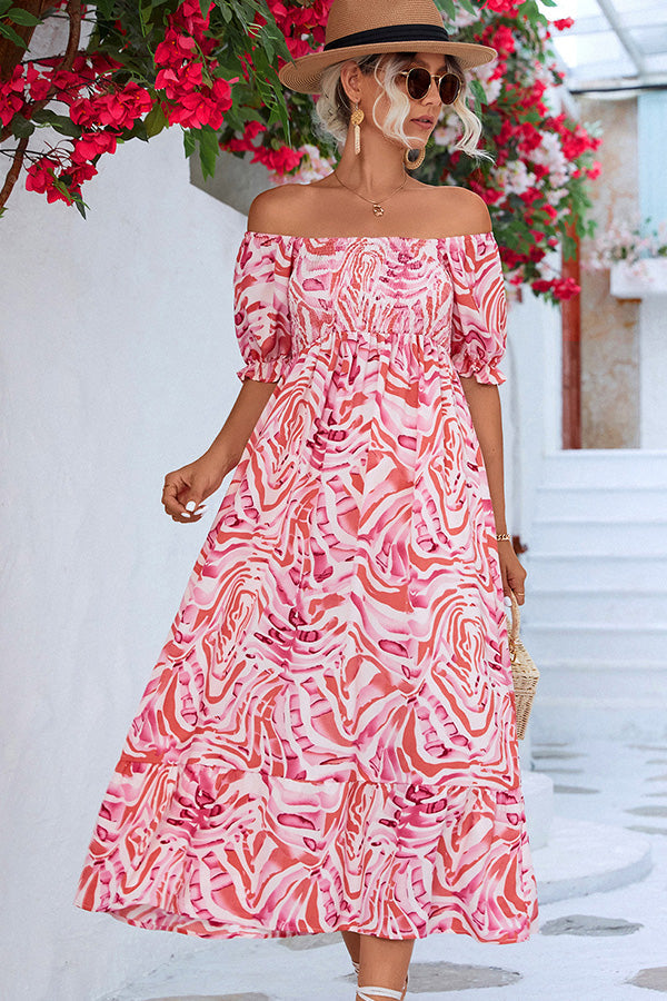 Solène – Robe midi à épaules dénudées avec imprimé femme