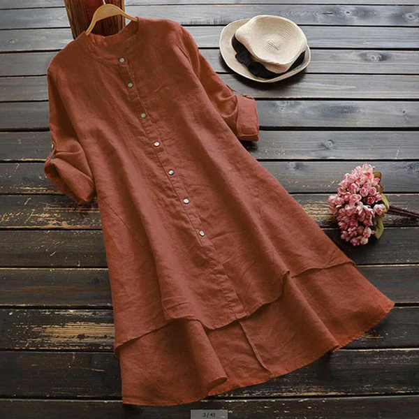 Robe d’Été en Lin et Coton – Manches Retroussables, Boutons et Ourlet Asymétrique Volanté