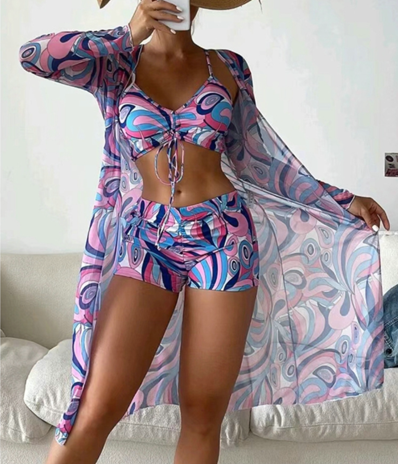 Ensemble de bain 3 pièces pour femme avec haut froncé, shorty imprimé et kimono léger assorti
