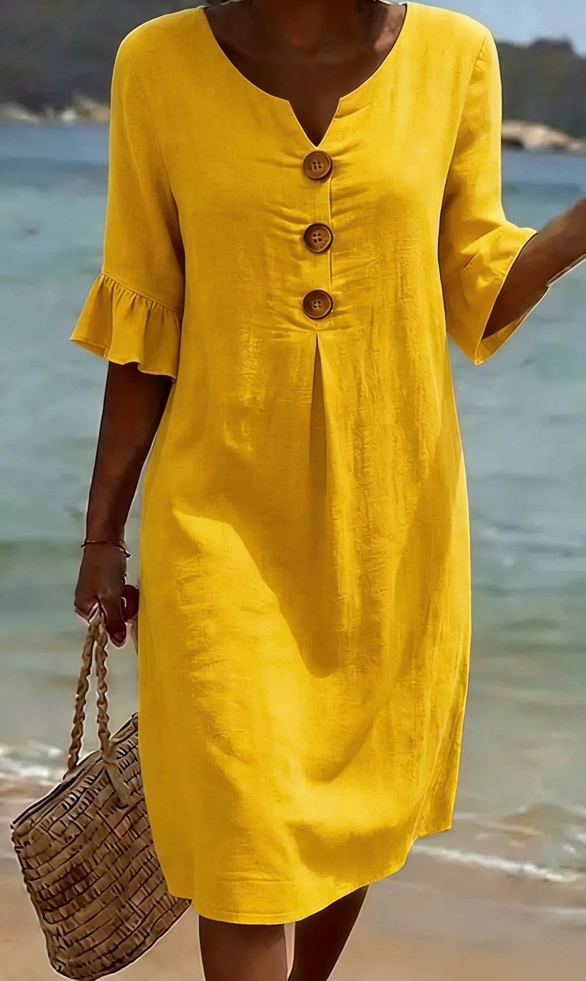 Robe d'été boutonnée en coton et lin à manches volantées