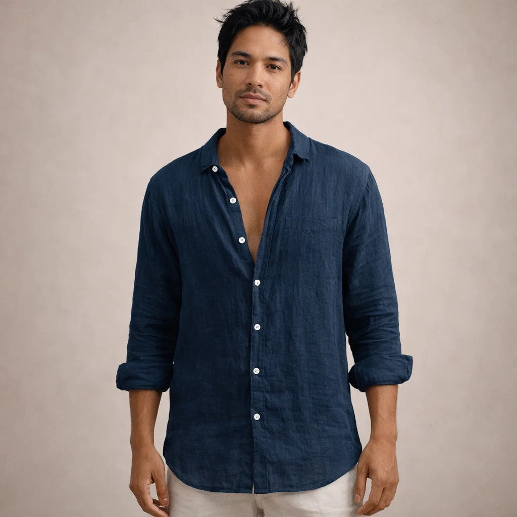 Chemise en lin homme à col ouvert coupe décontractée manches longues