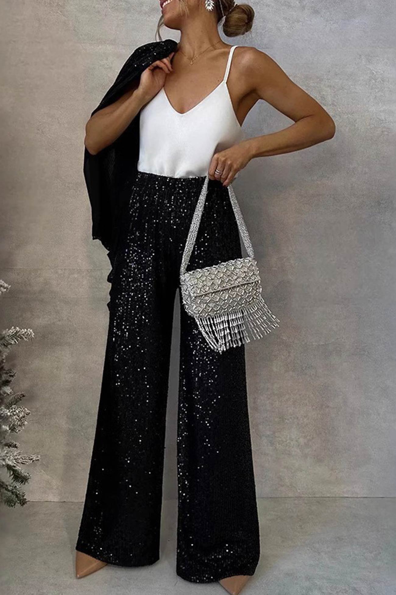 Aurore – Ensemble Blazer Pailleté à Manches Longues et Pantalon Évasé