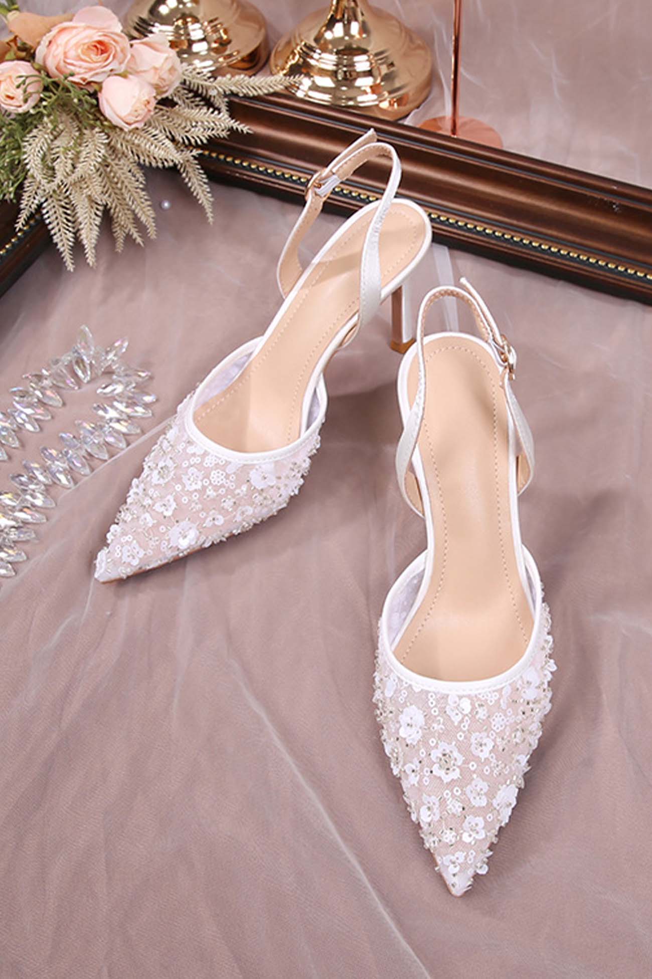 Alizée – Escarpins à Talons avec Dentelle Fleurie en Résille