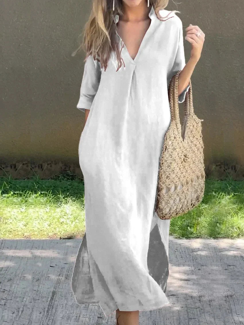 Robe d’été en lin pour femme à col V et poches