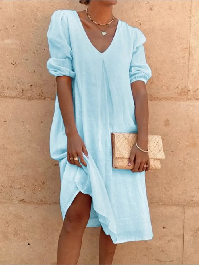 Robe d'été droite pour femme en lin avec col en V et fraîcheur élégante