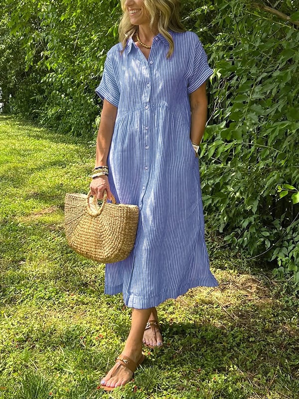 Romane – Robe chemise midi rayée boutonnée femme