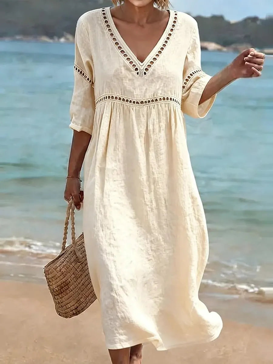 Robe midi fluide en coton à col V et manches courtes
