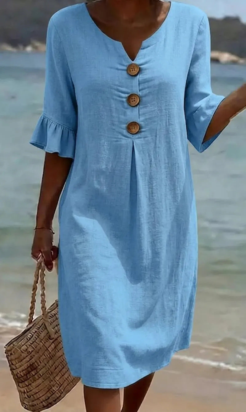 Robe d'été boutonnée en coton et lin à manches volantées