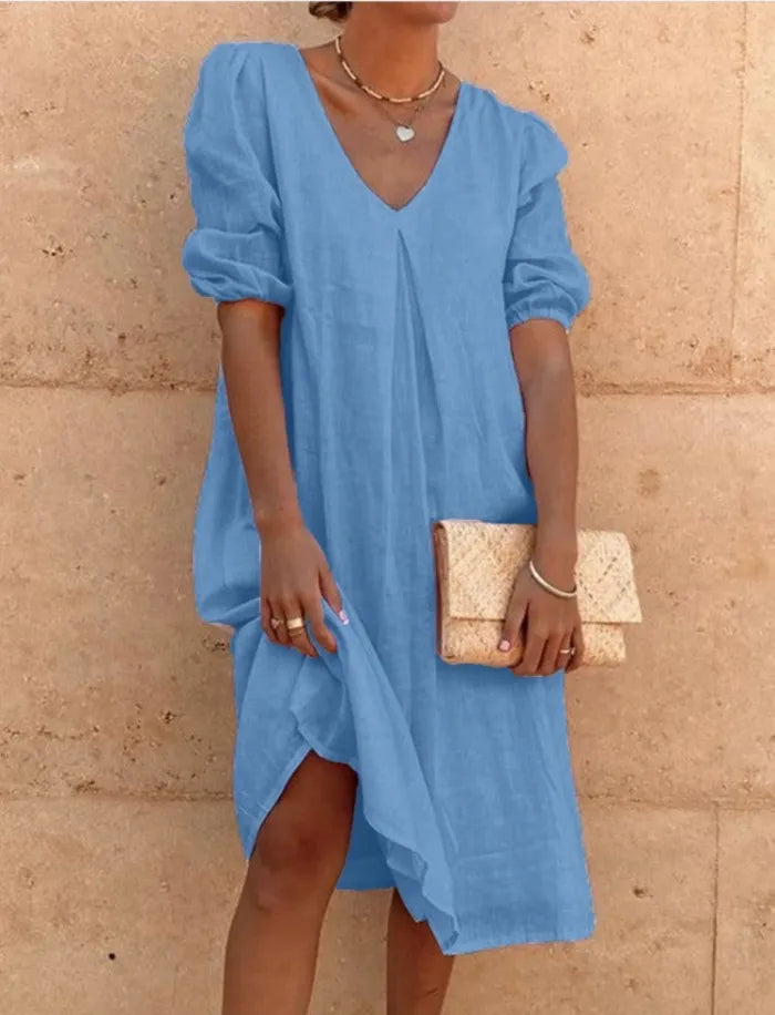Robe d'été droite pour femme en lin avec col en V et fraîcheur élégante