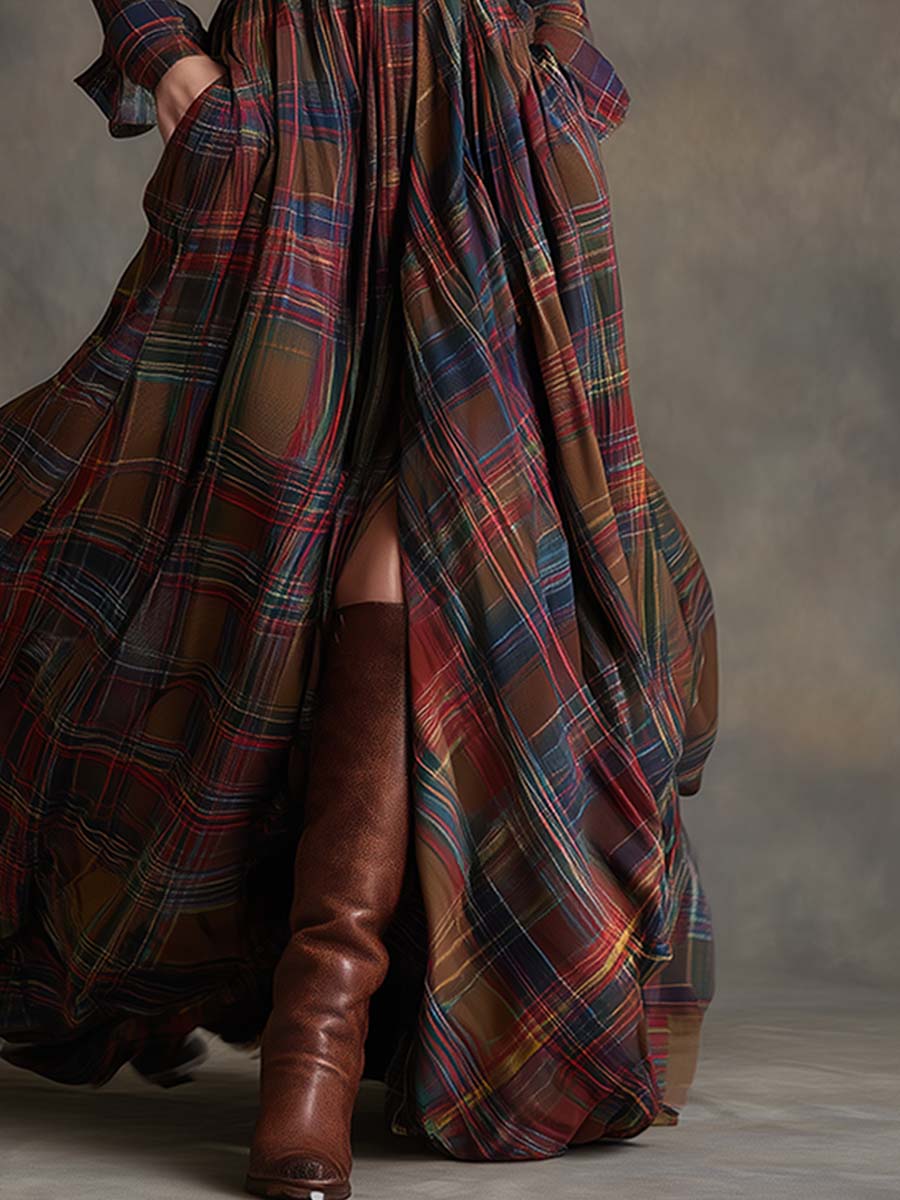 Juliette – Robe longue à carreaux ceinturée de style rétro