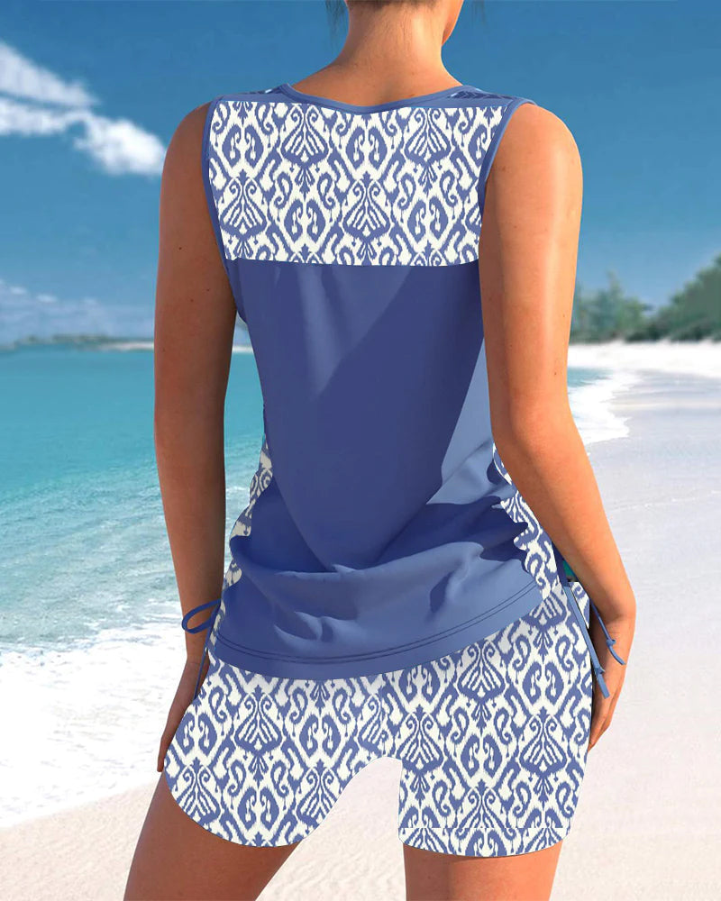 Tankini avec Short de Bain – Encolure en V, Bretelles Larges et Imprimé Géométrique Estival