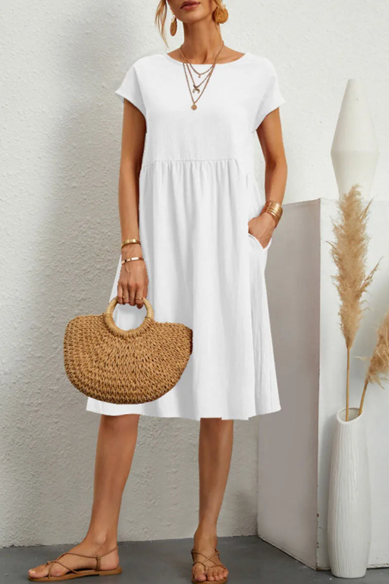 Robe d'été pour femme en coton doux avec col rond, poches et coupe évasée