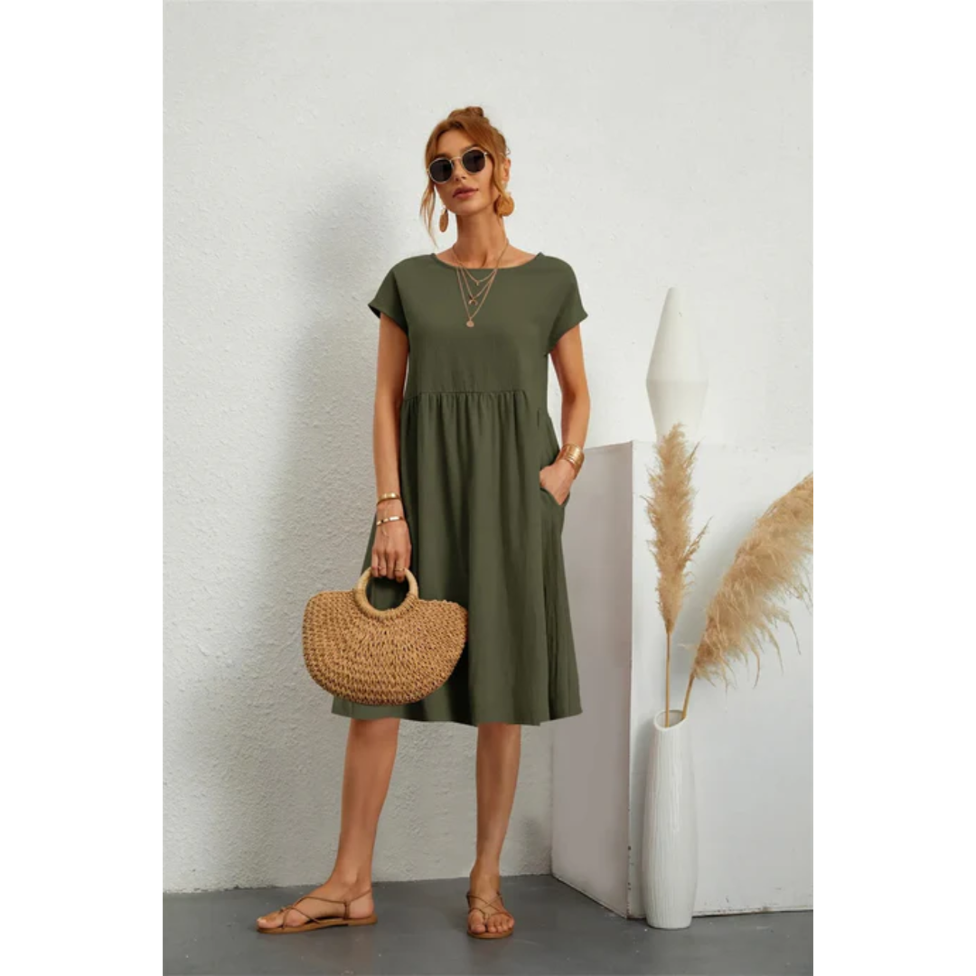 Valérie – Robe midi d’été élégante à manches courtes femme