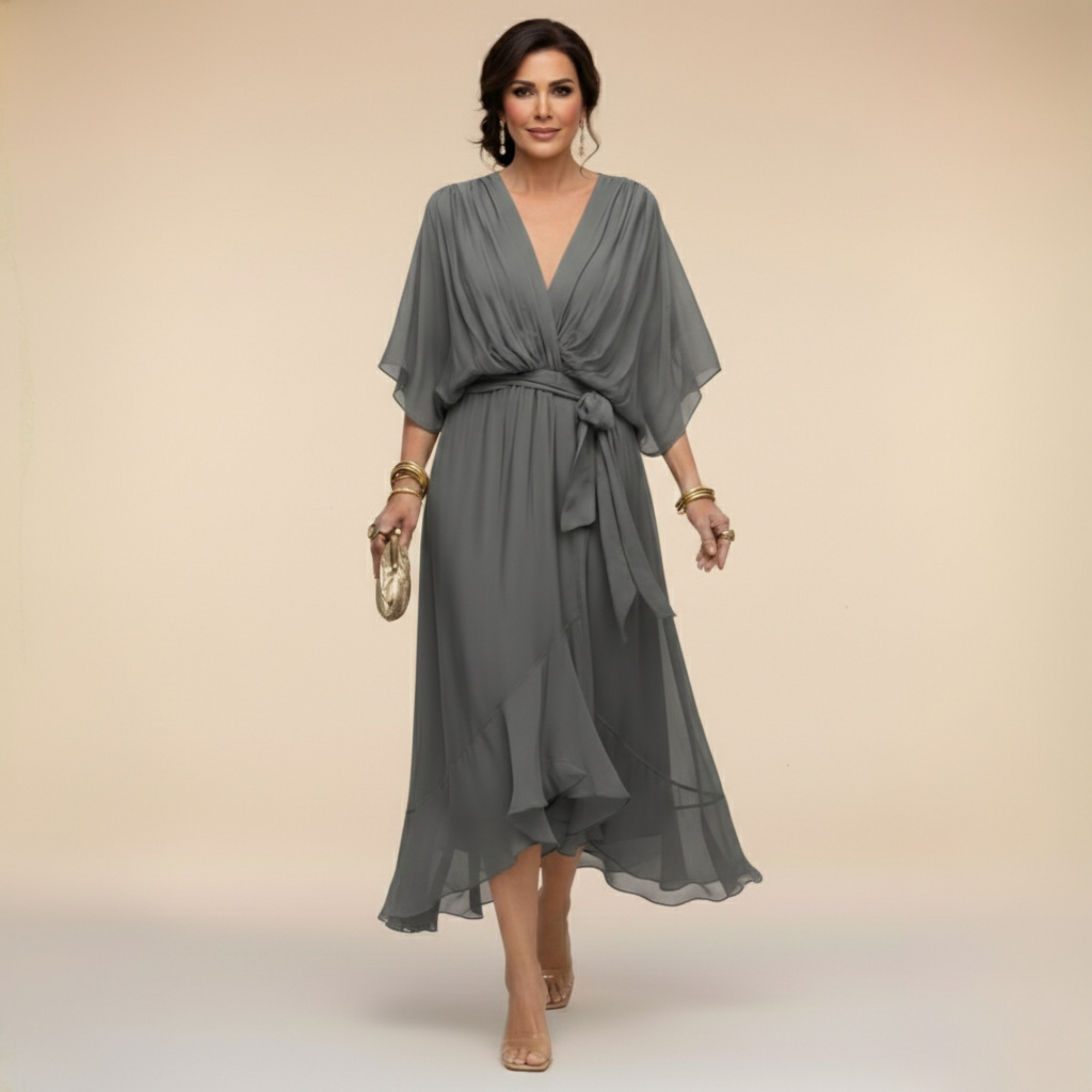 Inès – Robe midi fluide col V à taille ajustable