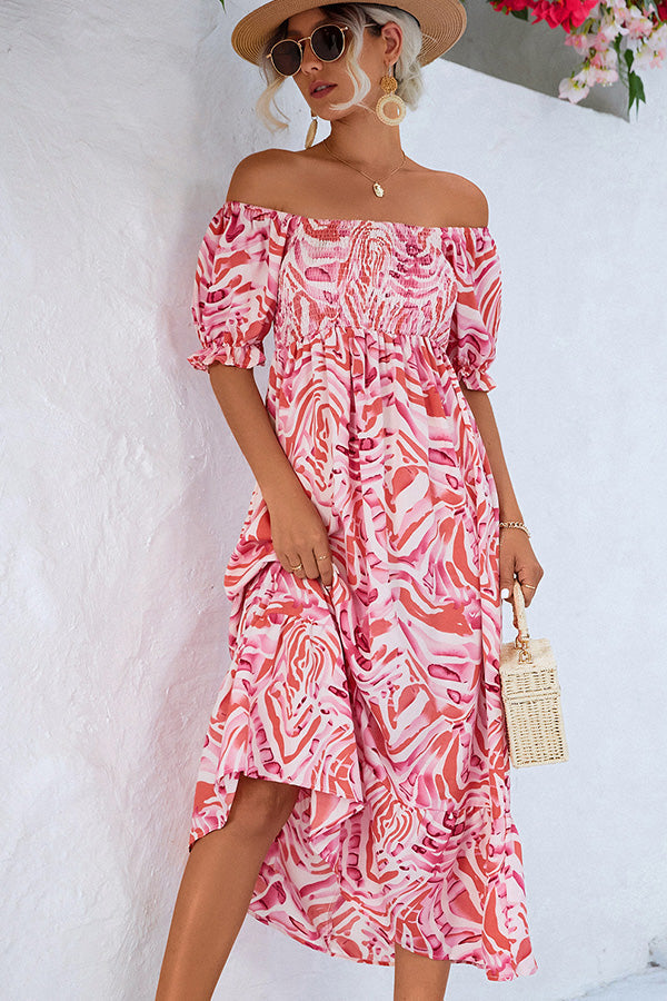 Solène – Robe midi à épaules dénudées avec imprimé femme