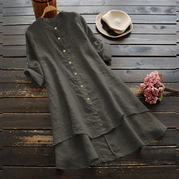 Robe d’Été en Lin et Coton – Manches Retroussables, Boutons et Ourlet Asymétrique Volanté