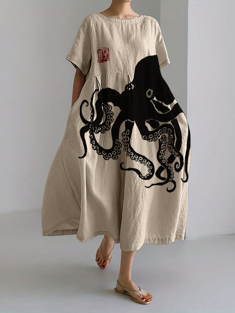 Robe longue pour femme en lin à motif japonais