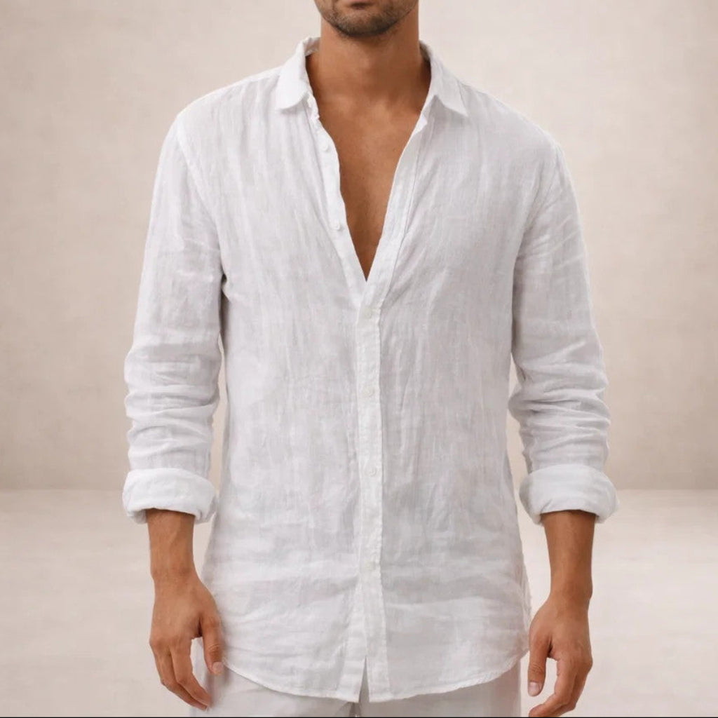 Chemise en lin homme à col ouvert coupe décontractée manches longues