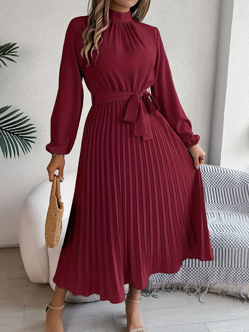 Camille – Robe midi plissée à manches longues avec ceinture femme