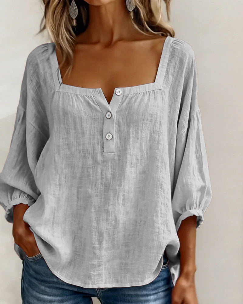 Blouse en lin femme à encolure carrée et manches bouffantes 3/4