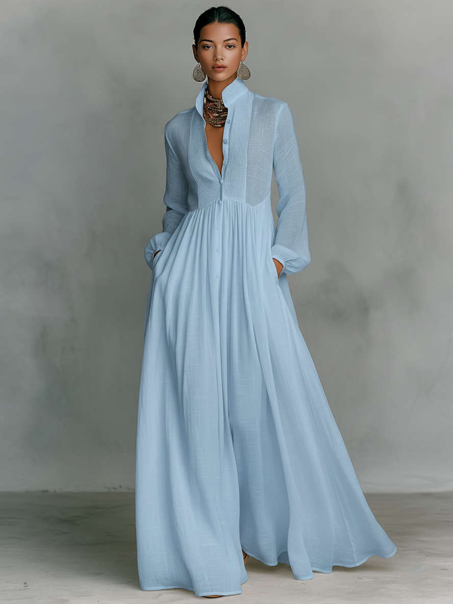 Justine – Robe chemise maxi en lin à col montant et manches longues femme
