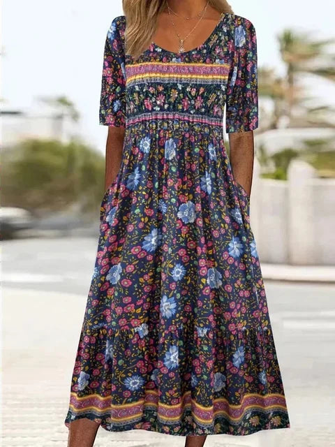 Anaïs – Robe midi d'été bohème à imprimé femme