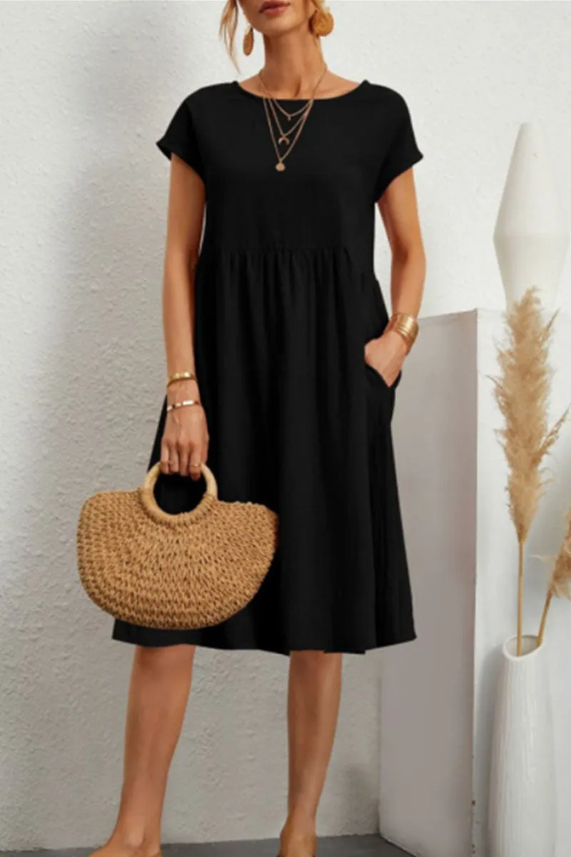 Robe d'été pour femme en coton doux avec col rond, poches et coupe évasée