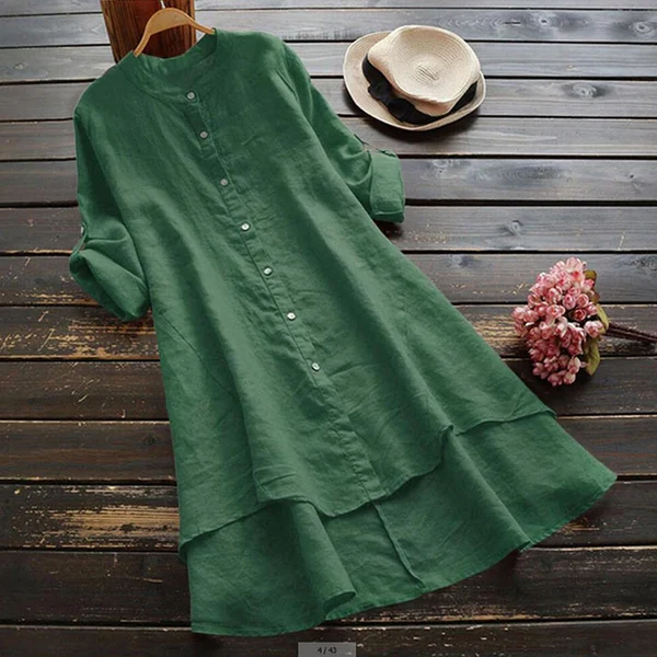 Robe d’Été en Lin et Coton – Manches Retroussables, Boutons et Ourlet Asymétrique Volanté