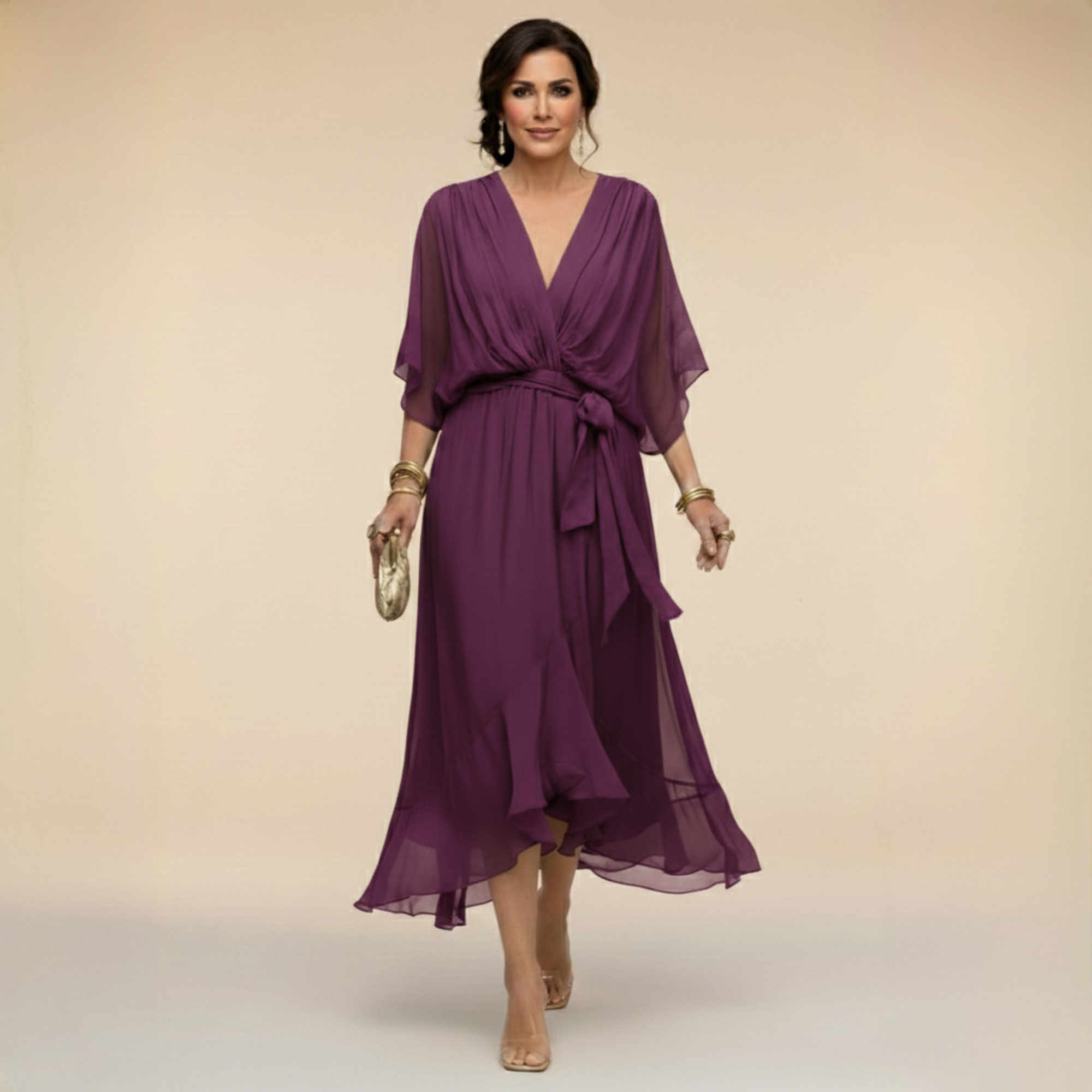 Inès – Robe midi fluide col V à taille ajustable