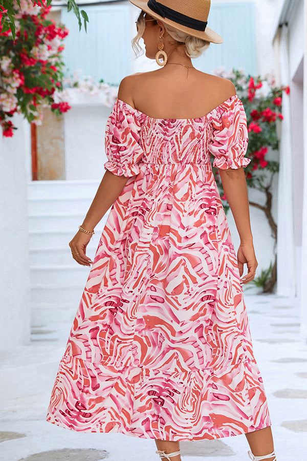Solène – Robe midi à épaules dénudées avec imprimé femme