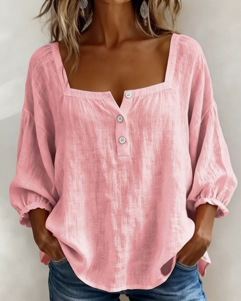 Blouse en lin femme à encolure carrée et manches bouffantes 3/4