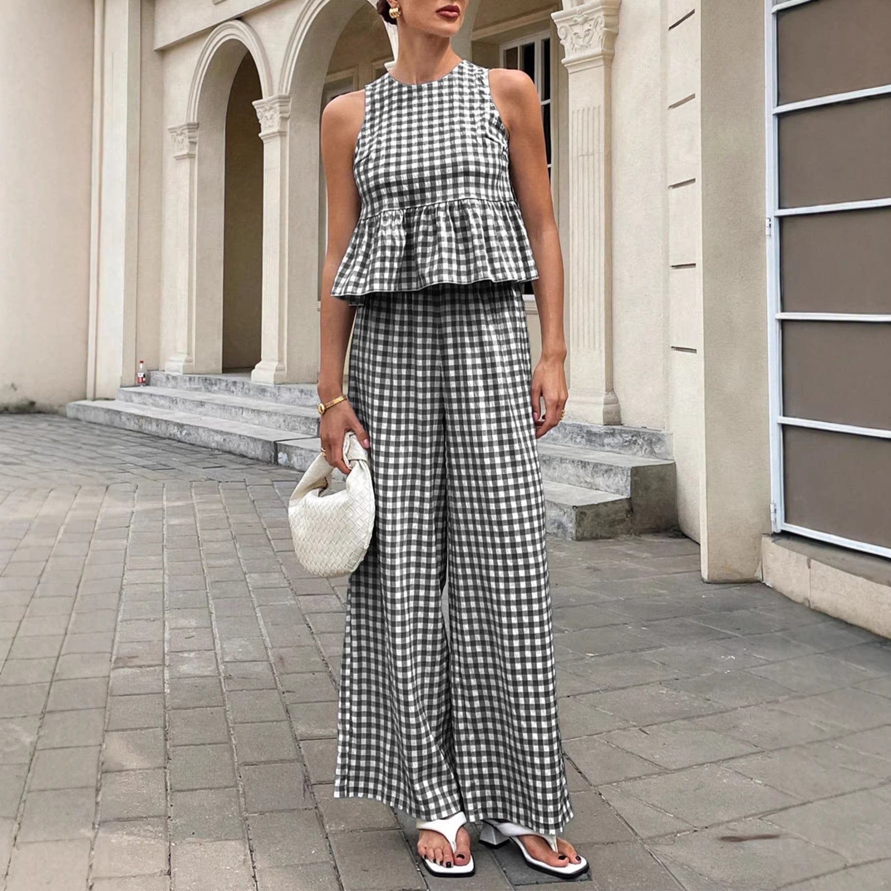 Capucine – Ensemble deux pièces à carreaux vichy : top péplum sans manches et pantalon à jambes larges femme