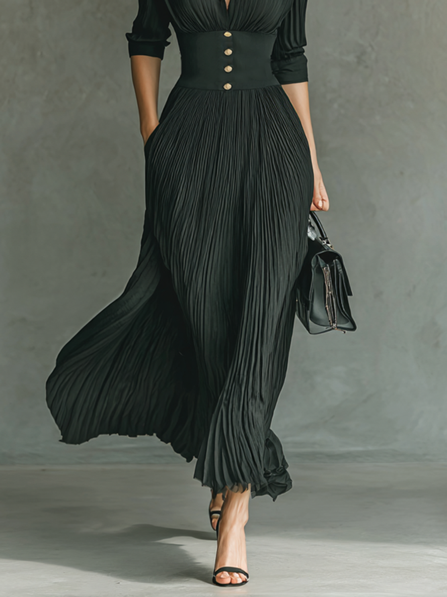 Esmée – Robe maxi unie plissée à col tailleur cintrée à manches longues femme