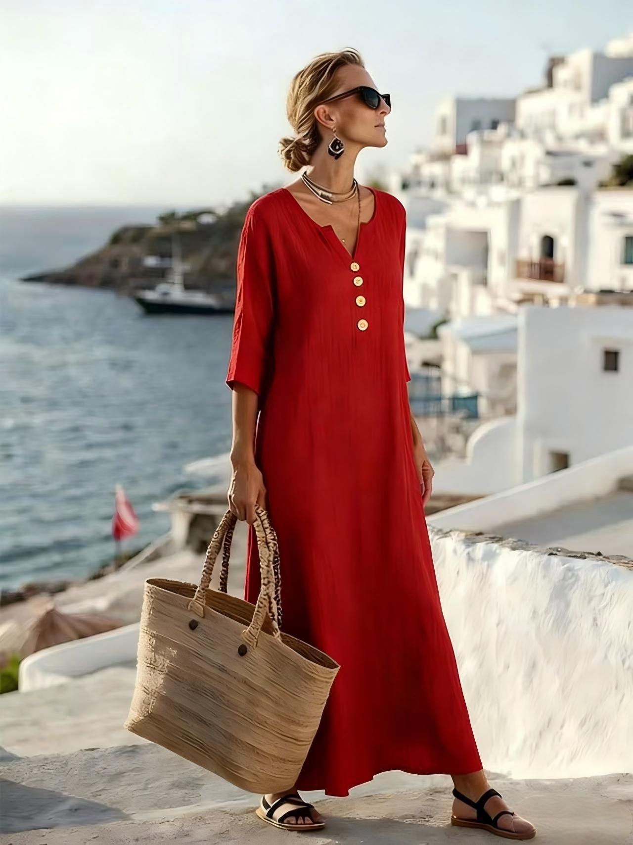 Robe longue boutonnée en coton et lin à manches 3/4